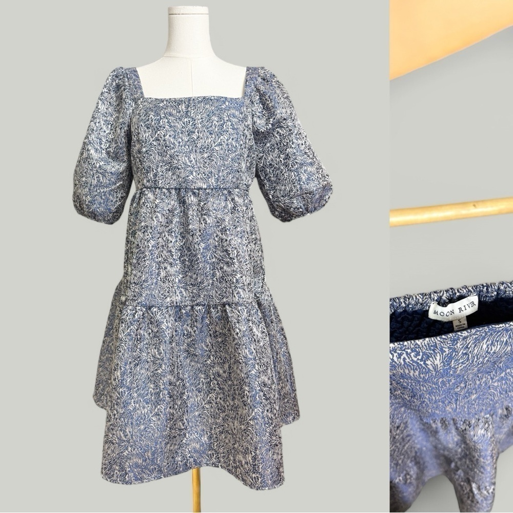 Anthropologie MOON RIVER Dress Women Size Small Blue Baby Doll Puff Sleeves